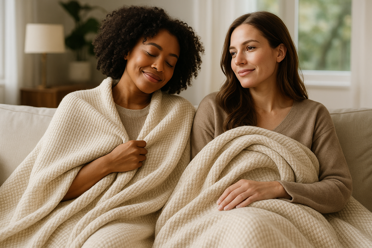 american female models portraying how comfortable and luxurious a blanket, as its refined softness and texture is exquisitely visible