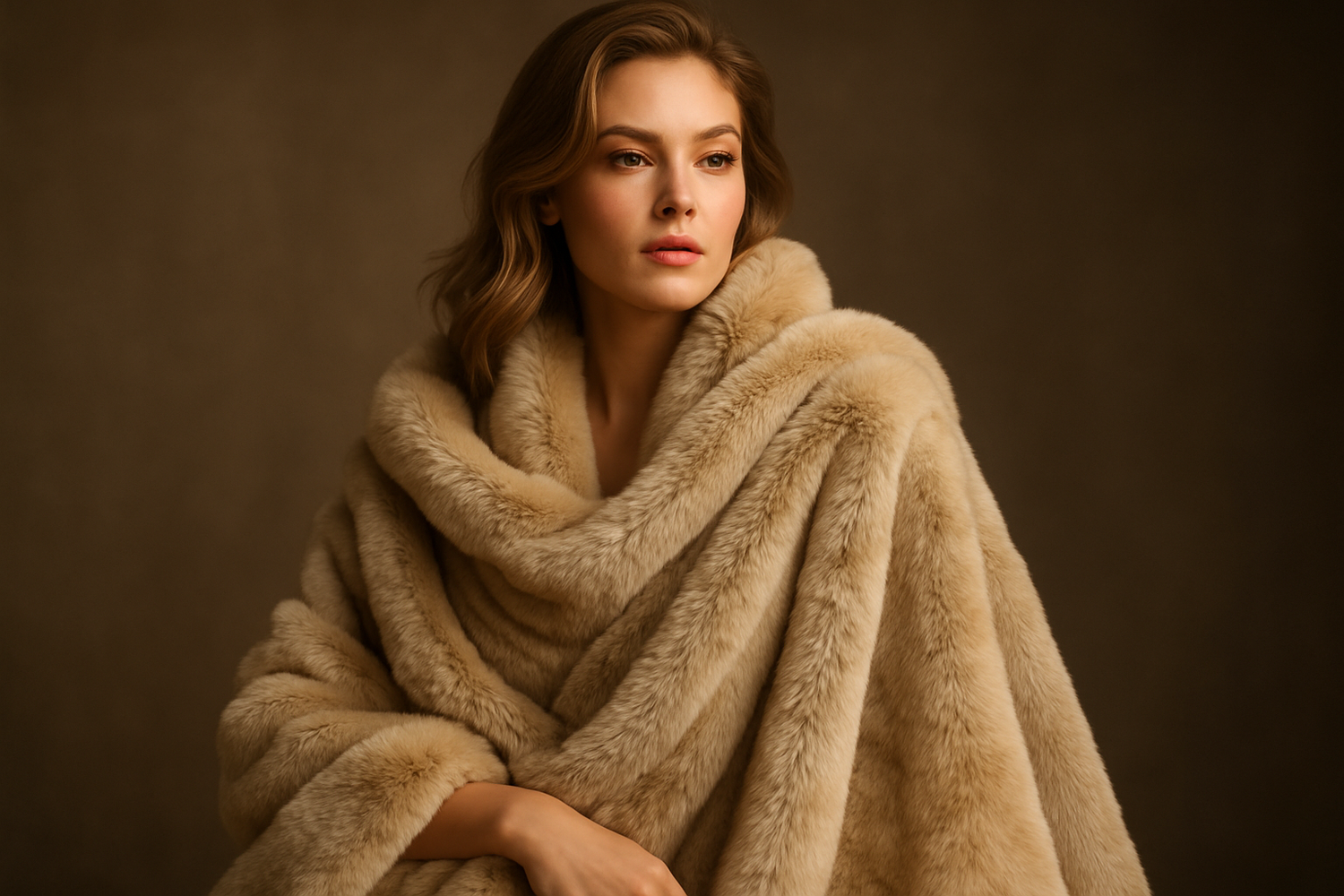 american model wearing fur polyester blanket in an eye catching manner